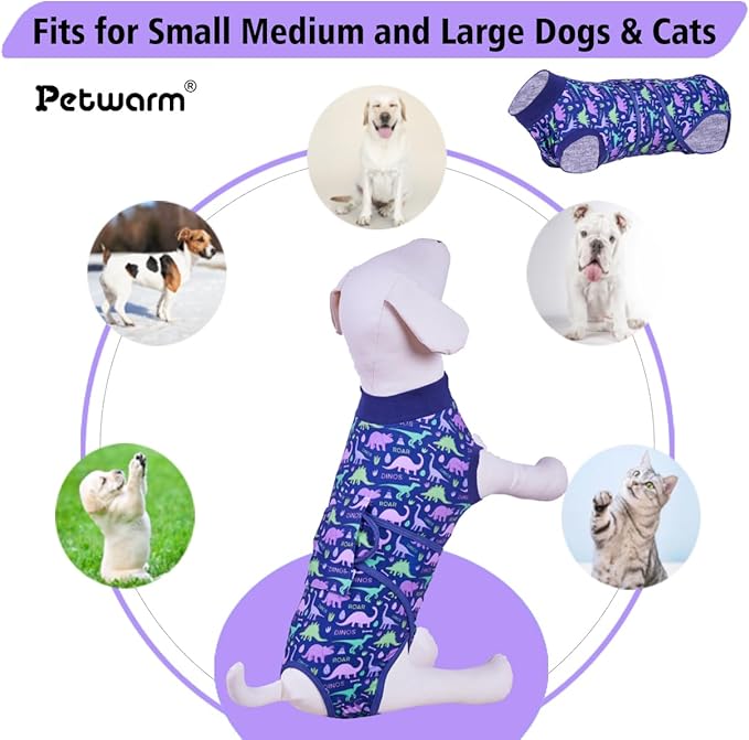 PetWarm Dog Recovery Suit, Onesies for Dogs, Dog Cone Alternative After Surgery Substitute E-Collar and Cone Prevent Licking Dog Onesies Pet Surgery Recovery Suit, Dinosaur Pattern, Blue Purple, 2XL