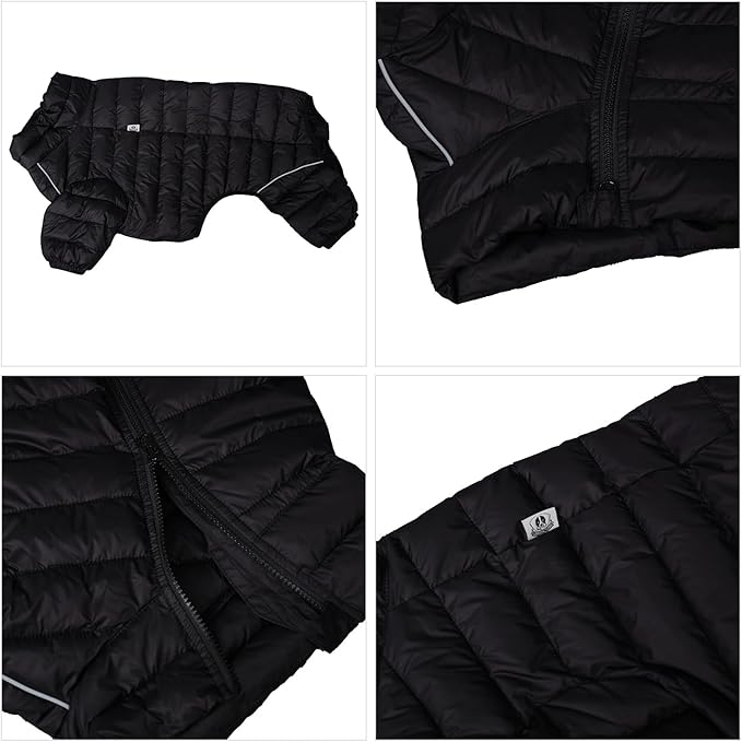 Warm Dog Coat, 4 Legs Covered Waterproof Windproof Reflective Vest, Zippered Adjustable Outdoor Snow Jacket for Small Medium Large Dogs Black L