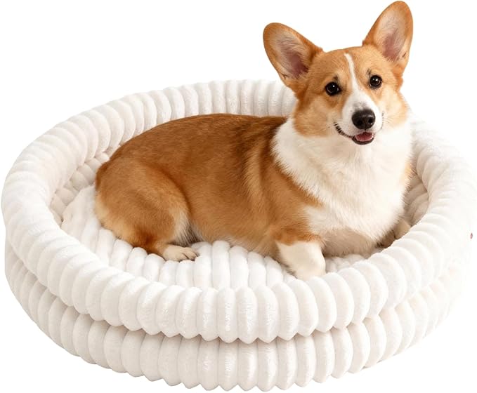 Petinstinct Dog Bed Medium Size Dog, Machine Washable Orthopedic Donut Cat Beds for Indoor Cats, Fluffy Round Pet Bed with Anti-Slip Bottom for Puppy and Kitten, White, 28"x28"x5"
