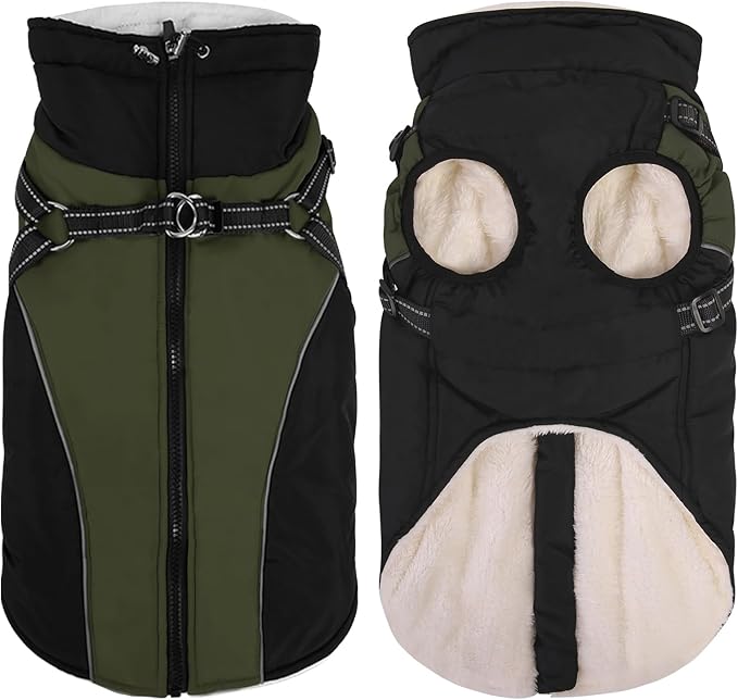 Queenmore XXL Dog Jacket with Harness Built-in, Winter Coat for Large Sized Dogs, Warm Puffer Jacket, Cold Weather Outdoor Snow Parka Coat - Fleece Lined Waterproof High-Vis Easy On Green/Black