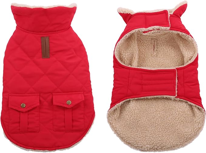 Queenmore Warm Dog Coat, Cold Weather Puffer Jacket with Ultra Thick Plush Lining and Storage Pockets (Red, Medium)