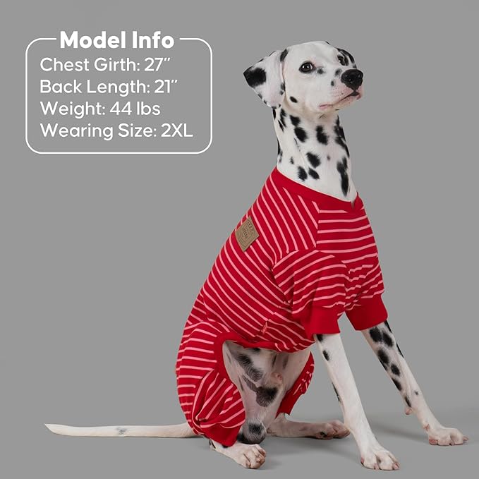 KYEESE Dog Pajamas, Striped Pet PJS Velvet Fleece Doggie Jammies, 4 Legs Outfit Soft Dog Pajamas, Cozy Pet Clothes Onesie, Comfortable PJS for Large Dogs,Red Striped,XXX-Large
