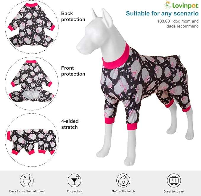 LovinPet Dog Onesie XL - Anxiety Calming Dog Jumpsuit, Lightweight Onesie, Black Sheep Print, Large Dog Pjs, Long Sleeve Pullover for Dogs/XL