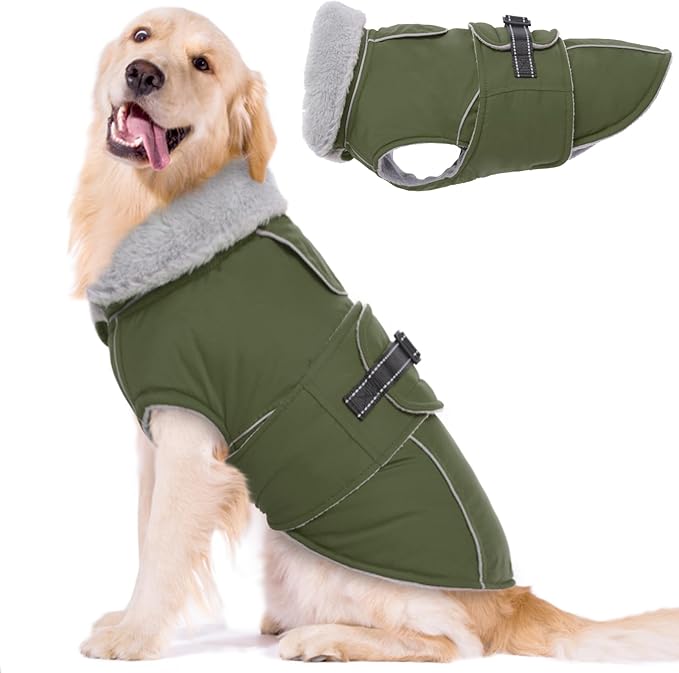 Lelepet Warm Dog Coat Waterproof Dog Jacket for Large Dogs Reflective Fleece Vest with Adjustable Buckle Hook & Loop Windproof Cold Weather Coats for Small Medium Large Dogs, Army Green, L