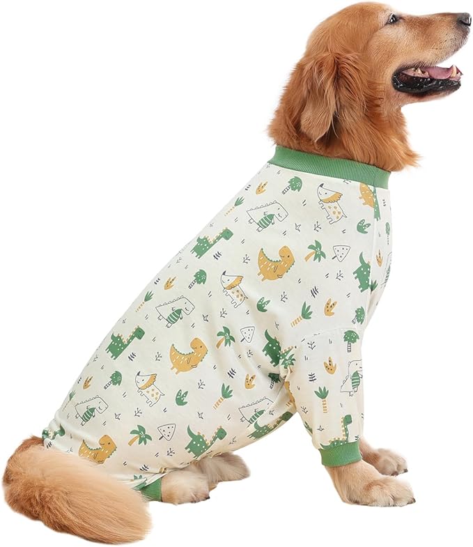 HDE Dog Pajamas One Piece Jammies Jumpsuit Pet Clothes Outfit Stretchy Lightweight Comfy Shirt Pjs for M-3XL Dogs Forest Dinos - L