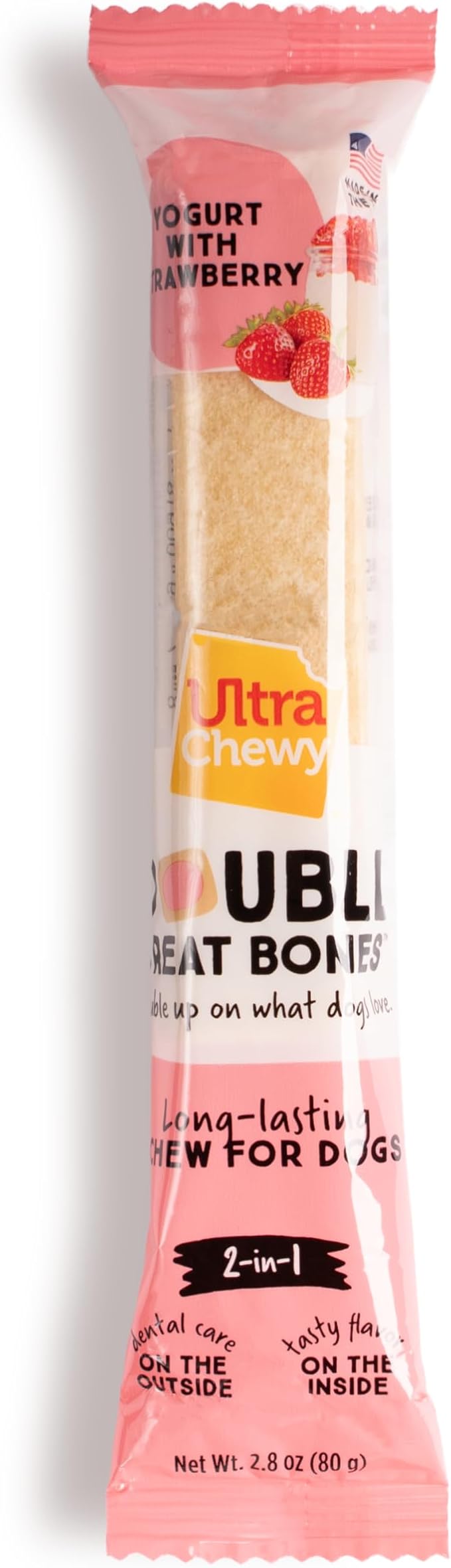 Ultra Chewy Yogurt with Strawberry Double Treat Bones: Long-Lasting Dog Treats Made in USA for Large and Small Breeds, Highly Digestible (12 Count)