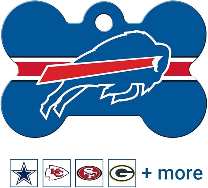 GoTags Personalized Buffalo Bills Dog Tag, Brass Metal Bone Shape Pet ID Tag Engraved with Name and Custom Text, Every NFL Football Team Pet Apparel (Large)