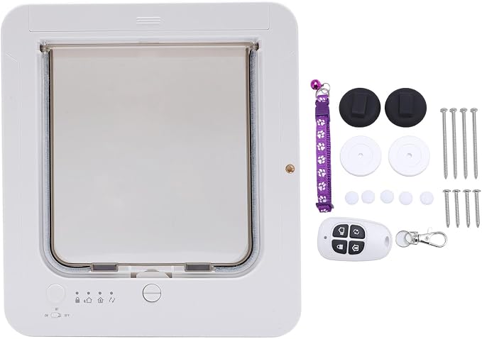 Microchip Cat Door Automatic Unlocking Weatherproof 210mAh Battery Controllable Entry Exit Pet Door for Home Black + Remote Control While are and Preventing Accessing Sensing (White + Remote