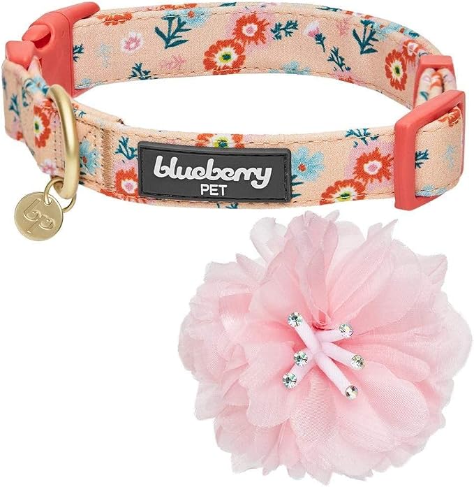 Blueberry Pet Floral Power Cosmos Designer Orange Adjustable Dog Collar with Detachable Pink Peony, Large, Neck 18"-26"