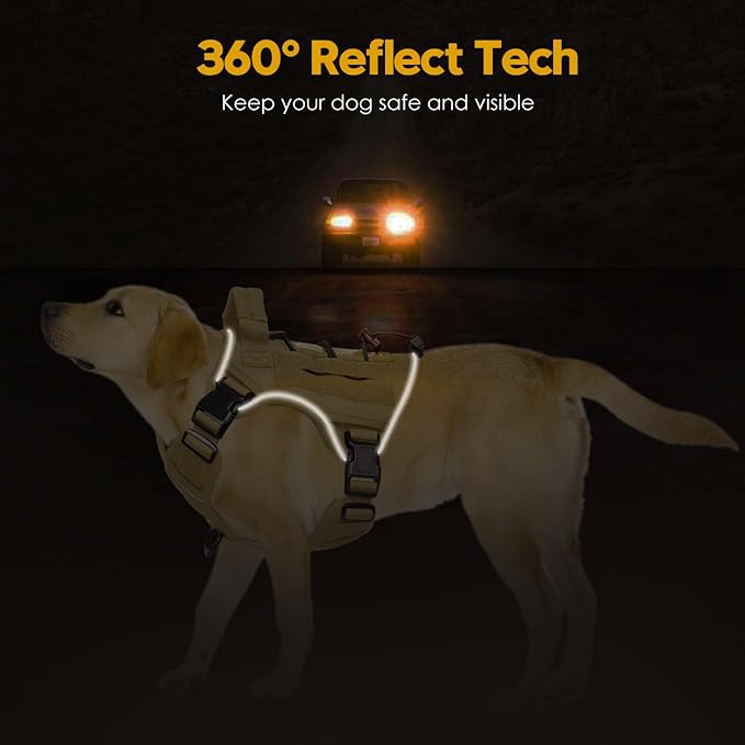 Heavy-Duty Tactical Dog Harness for Large Dogs, No Pull Adjustable Reflective Pet Vest with Molle System, K9 Military-Grade Control for Service Training, Outdoor & 10+ Breeds, Khaki, Medium