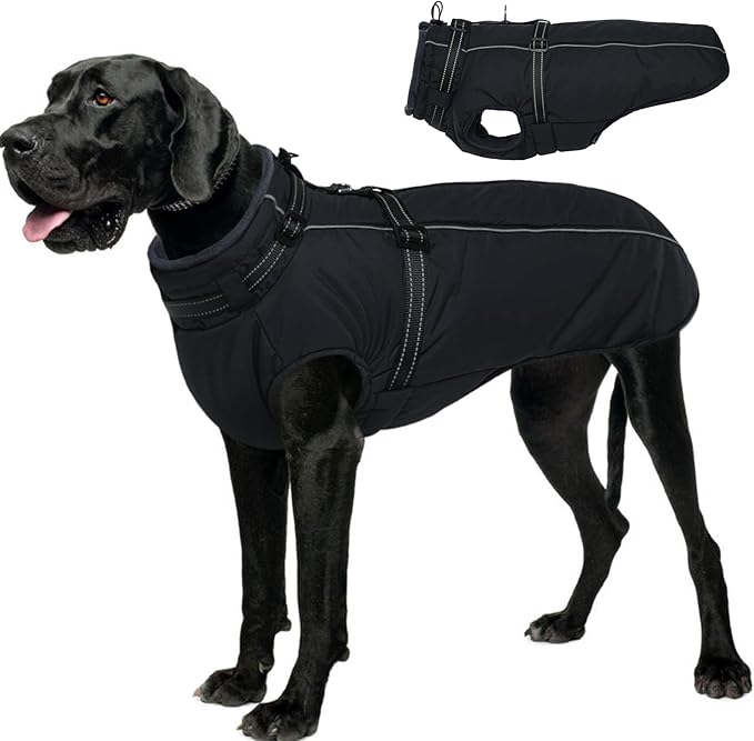 Lelepet Dog Coat with Harness Built in, Waterproof Dog Jacket for Large Dogs Reflective Winter Jacket with Zip Warm Cold Weather Coats for Dogs,Turtleneck Pet Snowsuit, Great Dane, Black, XXXL