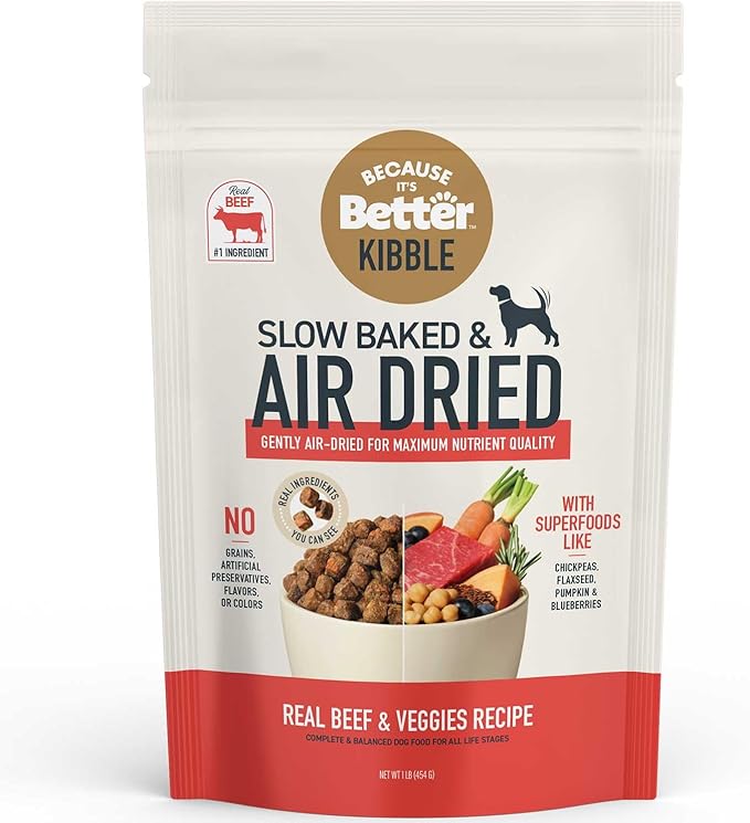 Because It's Better Slow Baked and Air Dried Dog Food, Real Beef and Veggies, 1lb Bag, Complete and Balanced Dry Dog Food, for All Life Stages
