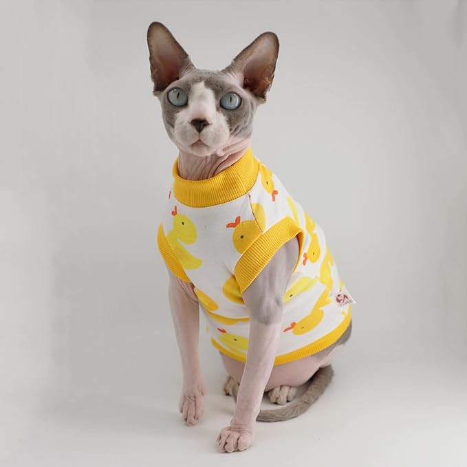 Sphynx Hairless Cat Summer Cotton T-Shirts Cat Vest Pet Clothes,Round Collar Vest Kitten Shirts Sleeveless, Cats & Small Dogs Apparel (Large, Yellow Ducks)