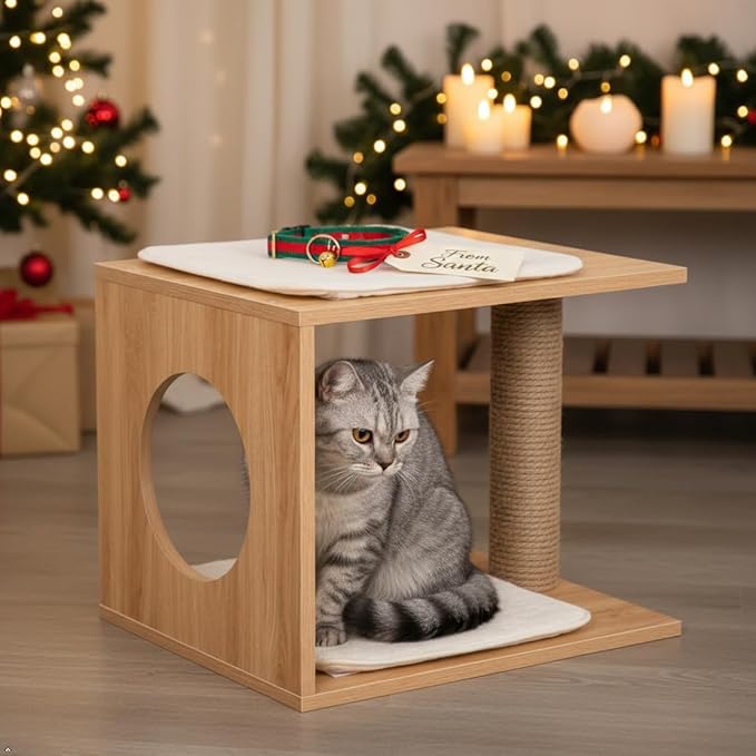 VICTORY RELAX Modern Cat Tree & Condo - Natural Wooden Cat House Indoor with Cozy Kitten Bed, Elevated Perch & Integrated Scratching Post - Stylish Cat Furniture (18.3" D x 14.6" W x 14.6" H)