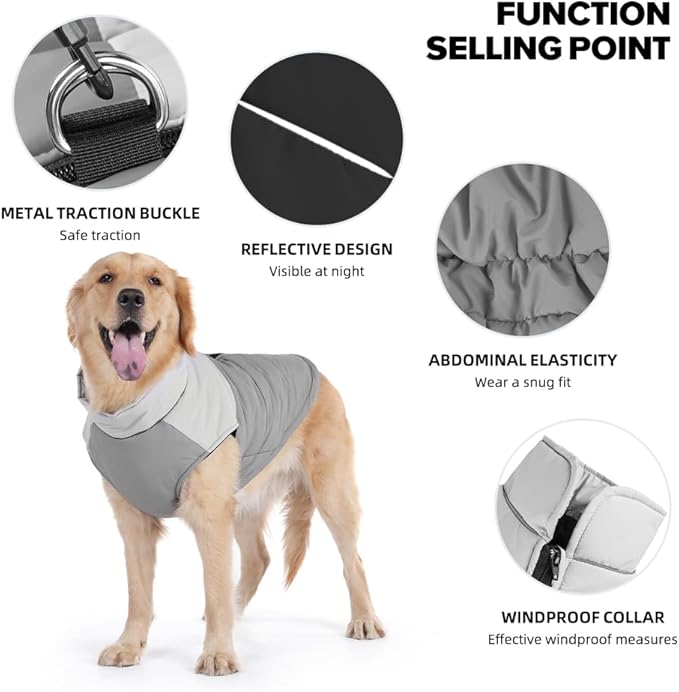 Dog Coat, Waterproof Dog Winter Jacket in Puppy Cold Weather Windproof Coats Reflective Pet Vest, Zip-Up Cold Weather Coats for Small Medium Dogs (White and Gray, L)