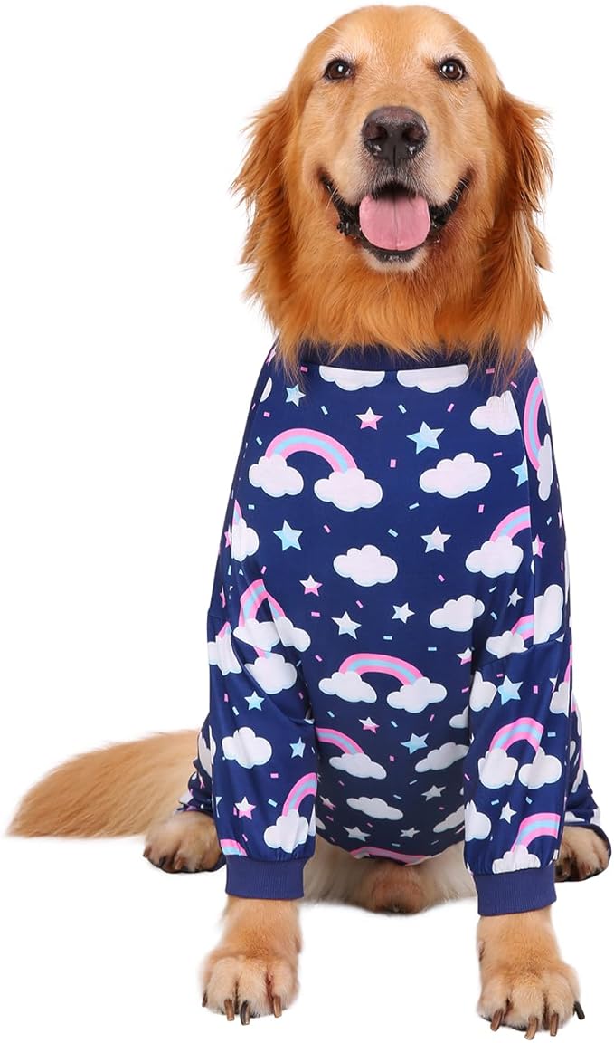 HDE Dog Pajamas One Piece Jammies Jumpsuit Pet Clothes Outfit Stretchy Lightweight Comfy Shirt Pjs for M-3XL Dogs Rainbows - L