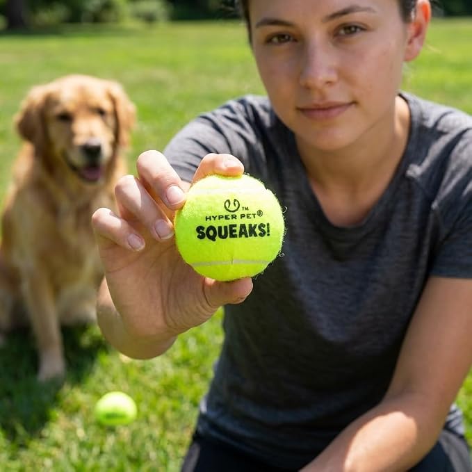 Hyper Pet Squeaks! Tennis Balls Fetch Dog Toy, Medium 2.5 in, 4 Pack, Green
