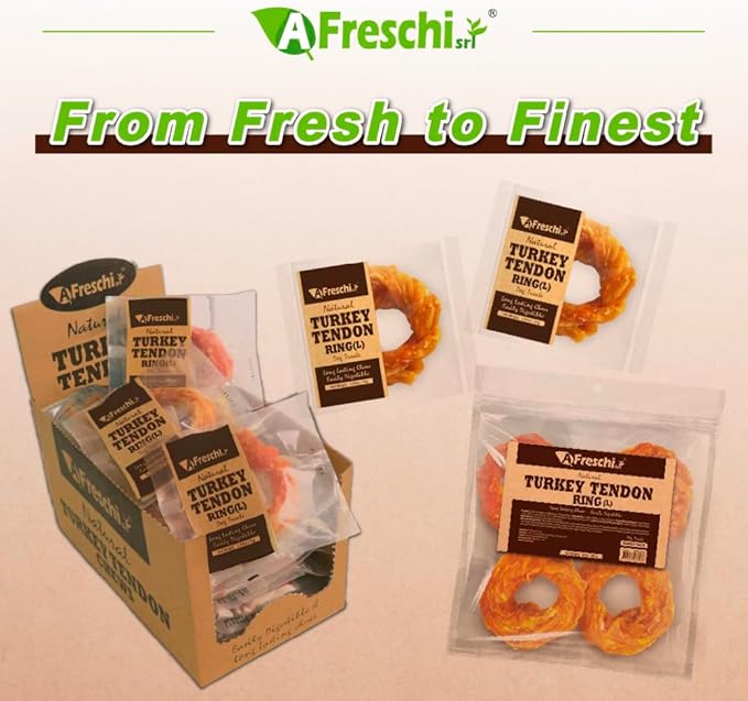 AFreschi Turkey Tendons for Dogs, USA-Sourced, Healthy Dog Treats, Rawhide-Free Puppy Chews, Long Lasting, All Natural, Hypoallergenic Dog Treats for Large Breeds, 1 Count Pack Ring (L)