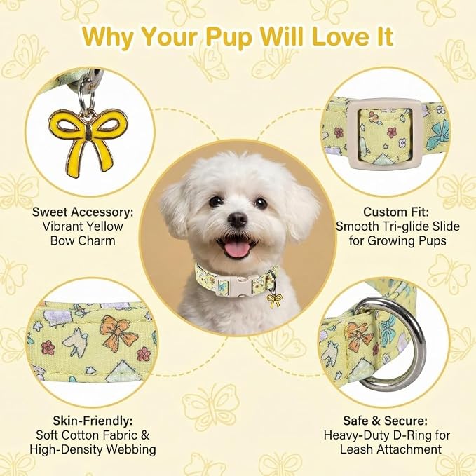 Small Dog Collar with Cute Bowtie Print, Girl Dog Collar for Puppy, Extra Small & Small Dogs, Spring Summer Yellow Puppy Collar with Pendant and Soft Fabric, XS