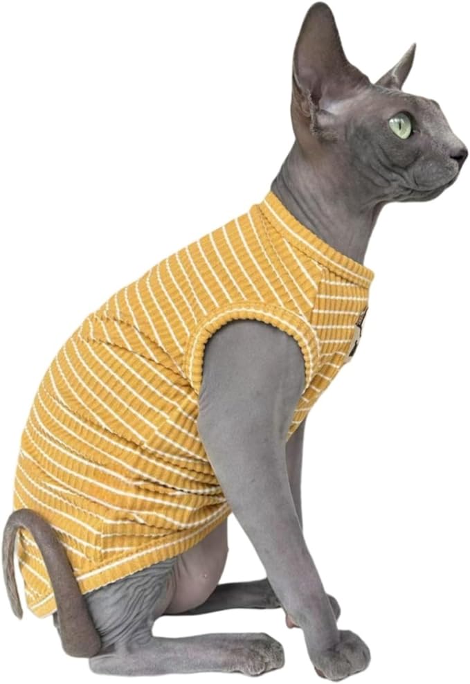 Sphynx Cat Clothes Vest for Hairless Cat, Rib Knit Stripe Cats T-Shirt Apparel, Kitten Summer Cotton Shirts Sleeveless for Cornish Rex, Devon Rex, Peterbald (Ginger, S (3.5-5 lbs))
