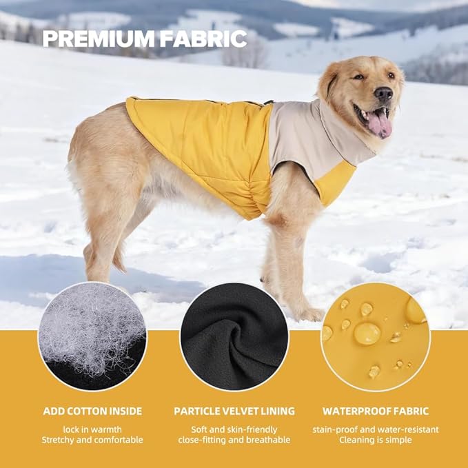 Dog Coat, Waterproof Dog Winter Jacket in Puppy Cold Weather Windproof Coats Reflective Pet Vest, Zip-Up Cold Weather Coats for Small Medium Dogs (Beige and Yellow, 2XL)