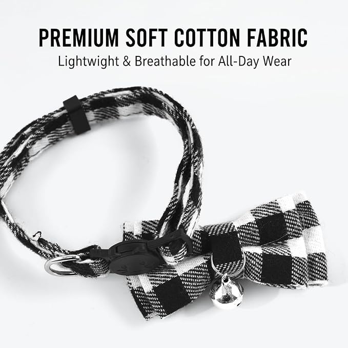 Plaid Breakaway Cat Collar with Bell & Removable Bow Tie – Cotton Kitten Collar with Bells for Boy Cats or Small Dogs. Adjustable Size 8-13.2in (Green)