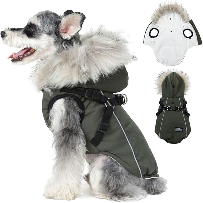 PINA Dog Coat with Built in Harness, Dog Jacket with Faux Fur Hood, Dogs Vest with Reflective Strap for Small Medium Large Dogs, Green, S
