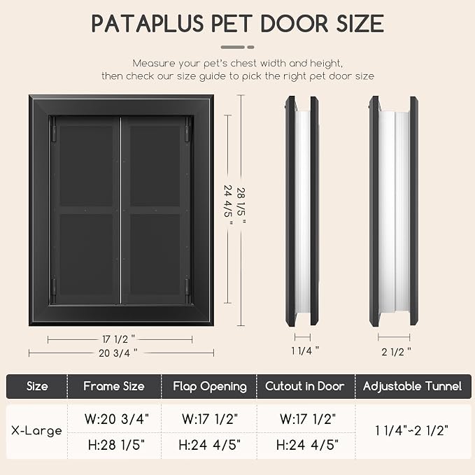 Extra Large Heavy Duty Aluminum Dog Door, Black for 200 LBS Dogs | French aluminum dog door with double magnetic flaps & telescoping tunnel, sturdy frame for dogs up to 200 LBS