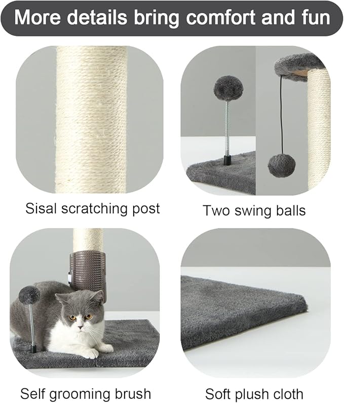 PEEKAB 32" Tall Cat Scratching Post Sisal Scratch Posts with Hanging Ball and Self-Massage Brush Vertical Scratcher for Indoor Cats and Kittens Gray 32inches