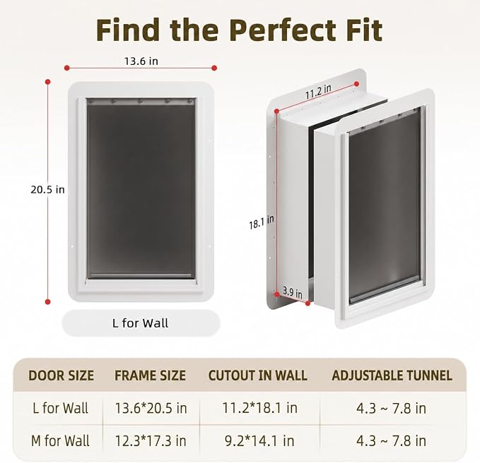 URSPET Large Dog Door for Wall, 3-Flap Insulated, Steel Frame, White | 10.25 x 16.25 in Usable Opening, For 4.3-7.8 in Walls, Compatible with PetSafe Wall Cutouts, Lock Panel, Replaceable Flaps