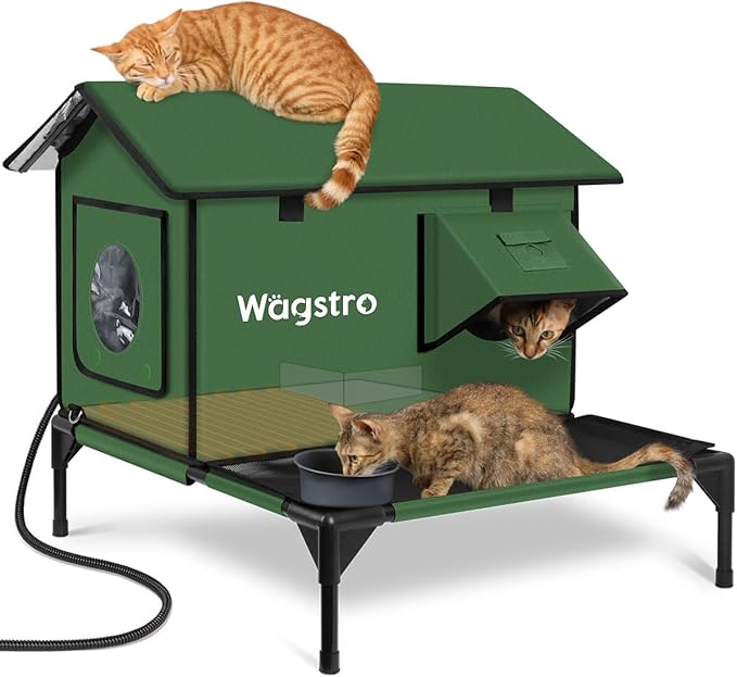 Wagstro Large Heated Cat House for Outside with Dampless Deck, Highly Elevated, Exit-Only Door, Waterproof Insulated Outdoor Cat Shelter for Feral Stray Barn Cat