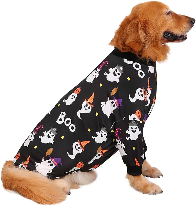 HDE Dog Pajamas One Piece Jammies Jumpsuit Pet Clothes Outfit Stretchy Lightweight Comfy Shirt Pjs for M-3XL Dogs Cute Ghosts - 3XL
