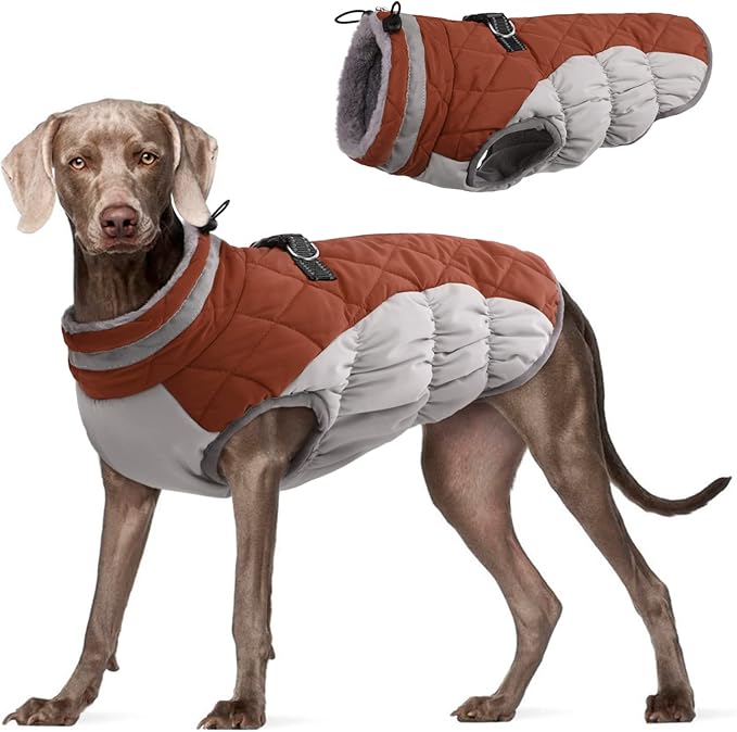 FUAMEY Dog Coat for Large Dogs,Waterproof Dog Winter Jacket with Harness Built in Puppy Cold Weather Coats Reflective Pet Vest with Zipper Warm Fleece Dogs Snowsuit Windproof Brown XXXL