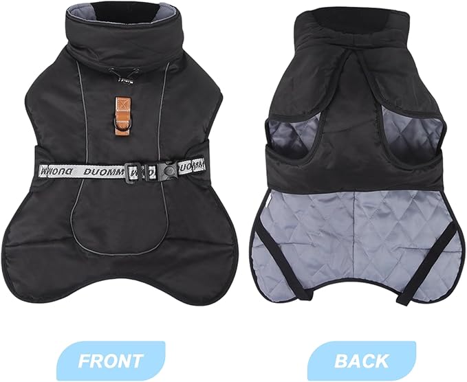 DoggieKit Dog Winter Coat, Waterproof Warm Jacket with Harness Built in, Reflective Cold Weather Doggie Vest, Windproof Turtleneck Pet Snowsuit, Adjustable Puffer Jacket for Medium Dogs, Black 3XL