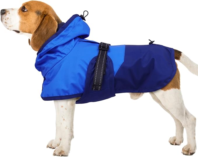 BRKURLEG Dog Raincoat Adjustable Dog Rain Jacket with Hood Dogs Waterproof Rainproof Jacket with Leash Hole Pet Poncho Rain Coat Poncho with Reflective Strip, Blue, L