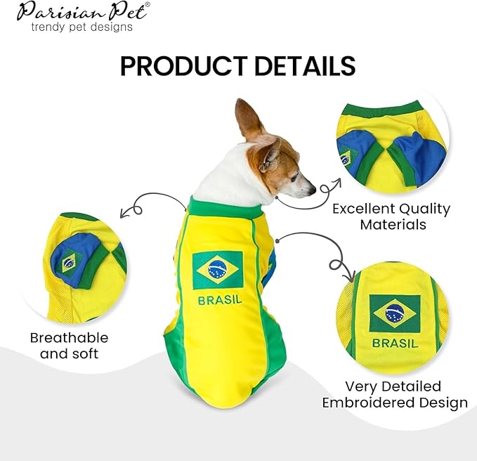 Parisian Pet Dog Jersey - Embroidered “ Brasil “ Breathable Mesh Fabric Brazil Soccer Outfit - Football, and Olympic Sportswear Brazil Dog Clothes - Jerseys for Large Dogs - 4XL