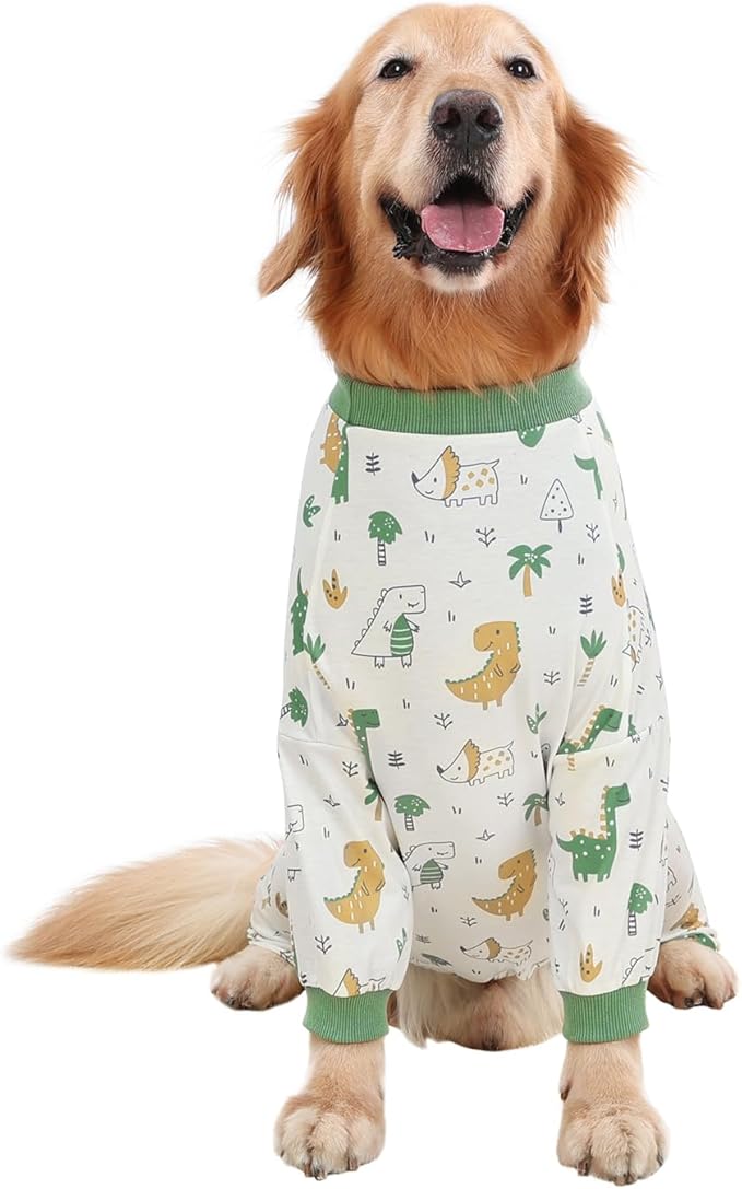 HDE Dog Pajamas One Piece Jammies Jumpsuit Pet Clothes Outfit Stretchy Lightweight Comfy Shirt Pjs for M-3XL Dogs Forest Dinos - 2XL