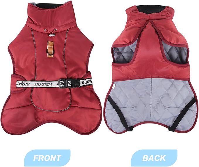 DoggieKit Dog Winter Coat, Waterproof Warm Jacket with Harness Built in, Reflective Cold Weather Doggie Vest, Windproof Turtleneck Pet Snowsuit, Adjustable Puffer Jacket for Large Dogs, Red 5XL