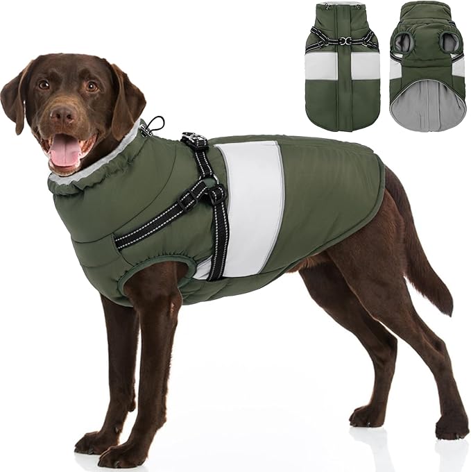 SUNFURA Dog Coat, XXXL Dog Jacket Winter with Harness Built in, Waterproof Pet Snow Jacket with Furry Collar for Chilly Day, Reflective Fleece Snowsuit for Extra Large Dogs, Army Green 3XL