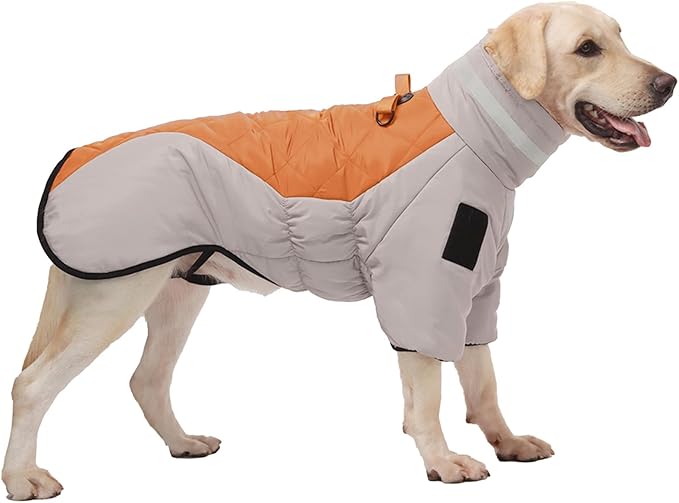 Dog Coats for Large Dogs, Warm Winter Coat with Built-in Harness & D-Ring, Reflective Turtleneck Waterproof Snow Jacket, Back Zipper Fleece Vest for Cold Weather (Grey Orange, 3XL)
