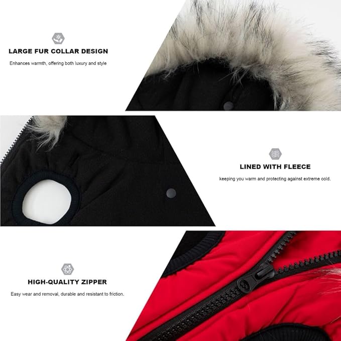 PINA Dog Coat with Built in Harness, Dog Jacket with Faux Fur Hood, Dogs Vest with Reflective Strap for Small Medium Large Dogs, Red, XL