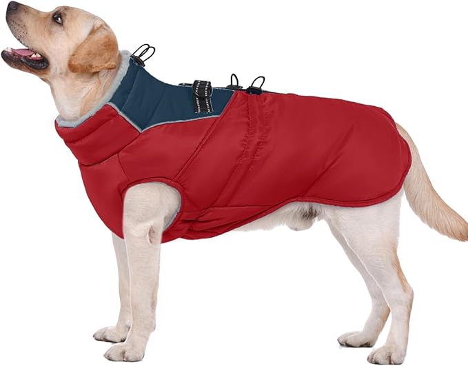 ROZKITCH Dog Jacket for Cold Weather, Dog Coat for Autumn Winter with Turtleneck, Pet Clothes with Adjustable Buckles, Soft Warm Pet Clothing with Reflective Strip for Medium Large Dogs Red M