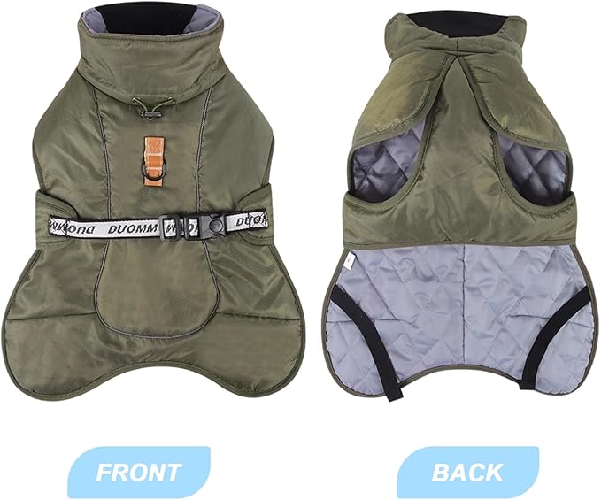 DoggieKit Dog Winter Coat, Waterproof Warm Jacket with Harness Built in, Reflective Cold Weather Doggie Vest, Windproof Turtleneck Pet Snowsuit, Adjustable Puffer Jacket for Medium Dogs, Green 2XL