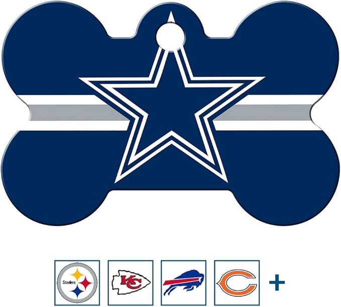 GoTags Personalized Dallas Cowboys Dog Tag, Brass Metal Bone Shape Pet ID Tag Engraved with Name and Custom Text, Every NFL Football Team Pet Apparel (Large)