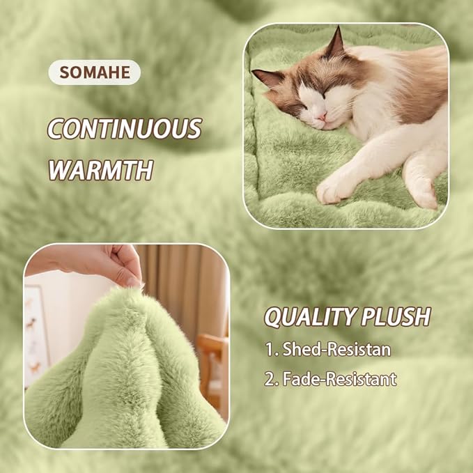 SOMAHE Self-Warming Cat Bed, Plush Faux Fur Pet Bed Mat with Anti-Slip Bottom, Ultra Soft Heated Bed for Cats & Medium Dogs, Cozy Fluffy Pad for Couch & Crate, Machine Washable, 27x20 Inch Green
