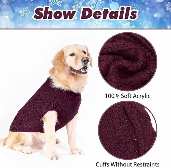 BINGPET Thermal Knitted Dog Sweater for Small Medium Large Dogs,Winter Dog Cat Coat Warm Sweartershirts Outfits,Classic Cable Knit Turtleneck Pullover Dog Jumper Coat Warm Sweartershirts