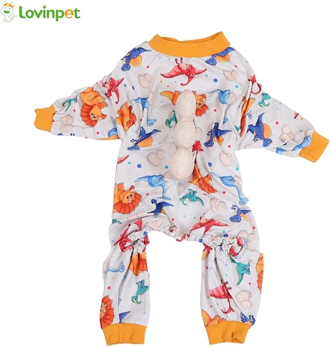 LovinPet Large Dog Pajamas, Four-Leg Stretch Onesie Bodysuit, Lightweight UV-Shielding Pajamas, Anti-Lick Calming Recovery Suit for Surgery, 3D Dino Egg Spikes, Easy on/Off， White， 3XL