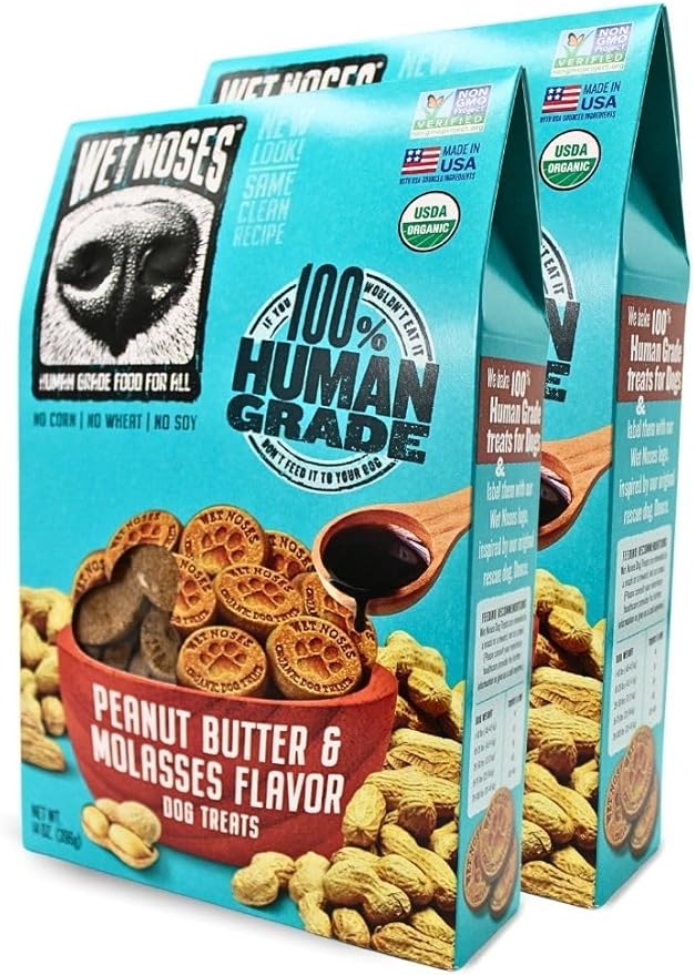 Wet Noses Organic Crunchy Dog Treats – All-Natural, Human-Grade, Non-GMO, Healthy Training & Delicious Snacks for Dogs, for All Dog Sizes & Breeds – Peanut Butter & Molasses, 14oz (2 Pack)