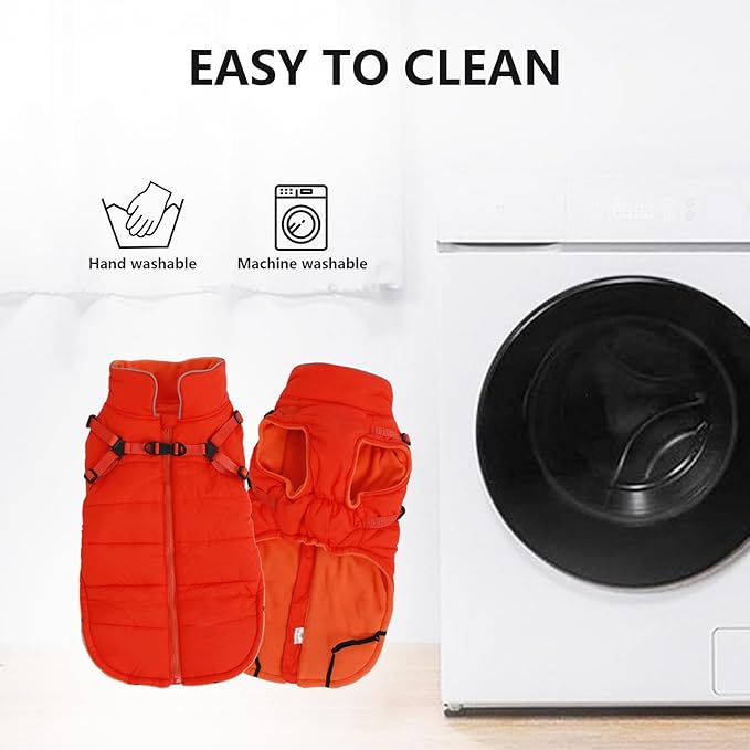 Geyecete Winter Warm Coat Waterproof Dog Winter Jacket with Harness Traction Belt,Windproof Pet Outdoor Jacket Dog Autumn-Orange-S