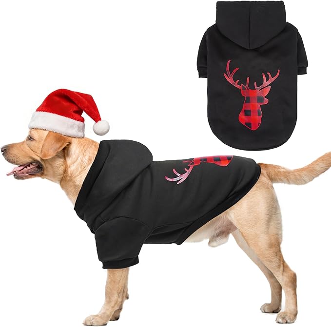 SCENEREAL Christmas Dog Hoodie with Leash Hole, Warm & Soft Fleece Pet Sweater & Sweatshirt for Small Medium Large Dogs, Xmas Elk Print Pets Clothes Cold Weather Costume, XL